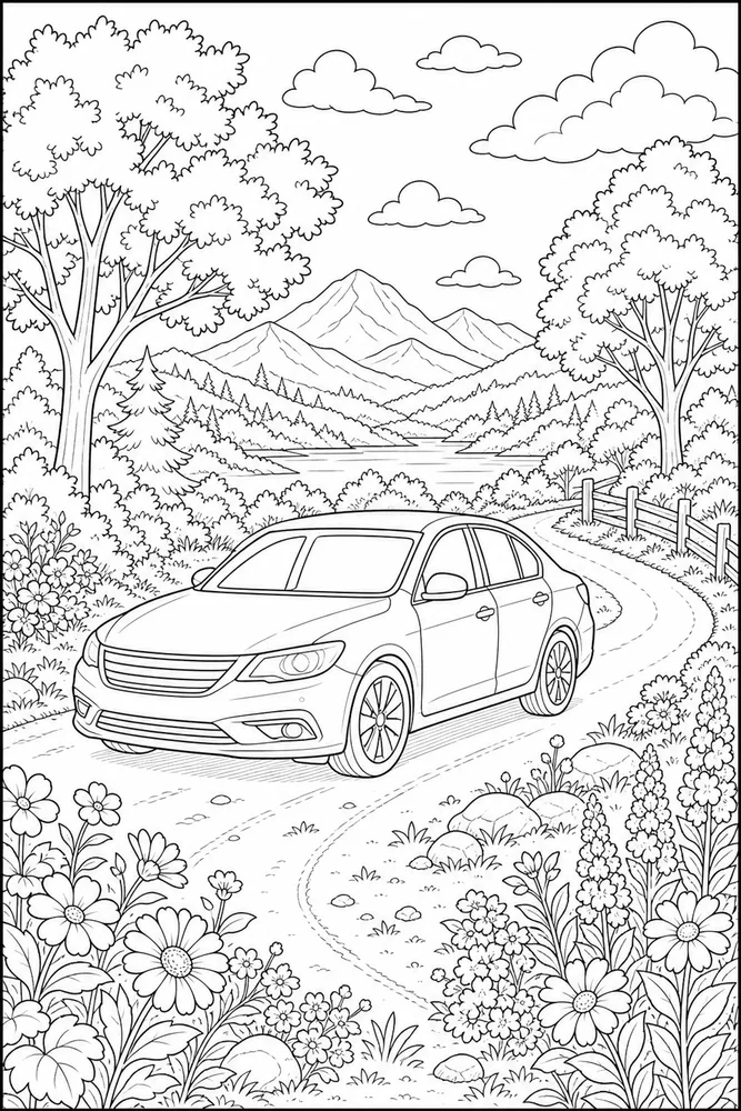 Adult Car Relaxing Nature Scene coloring page