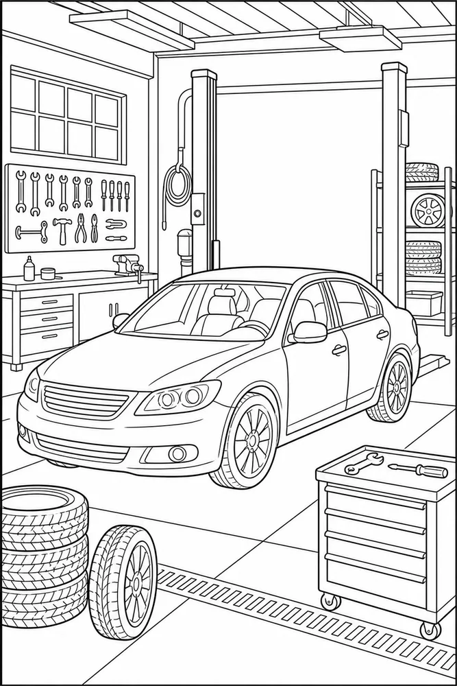 Car Car At Repair Garage coloring page