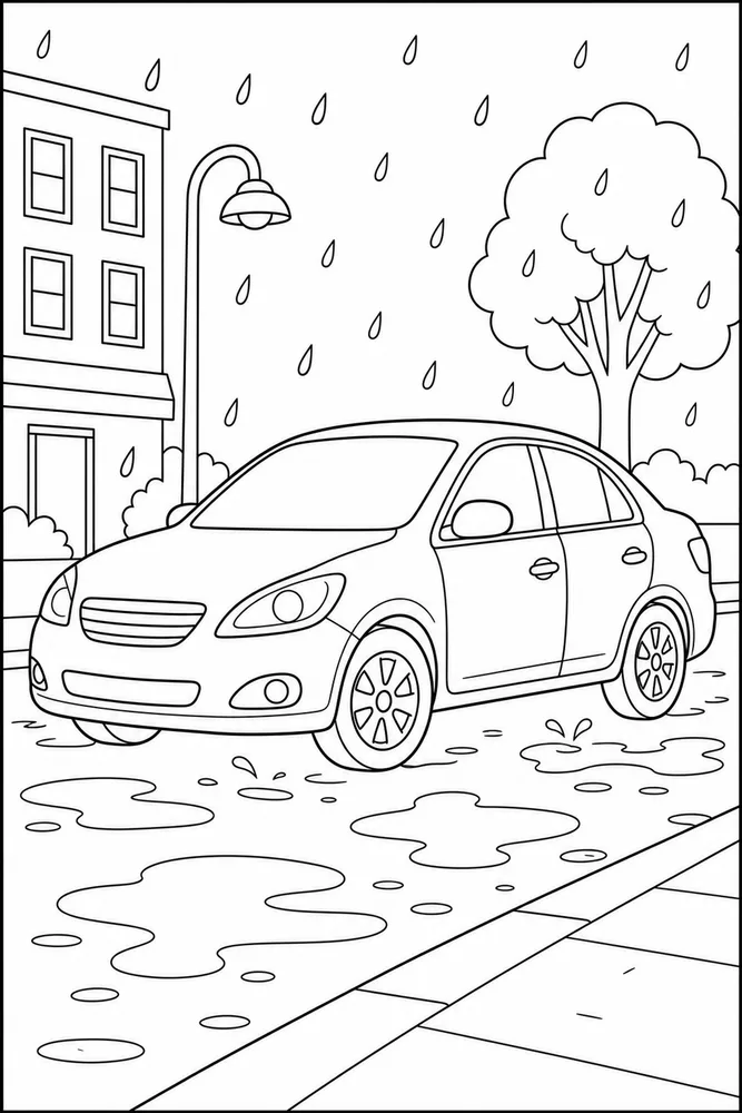 Car Car In Rainy Street coloring page