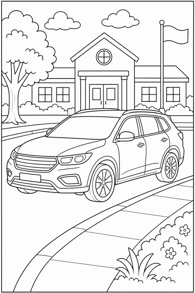 Car Car Near School Curb coloring page