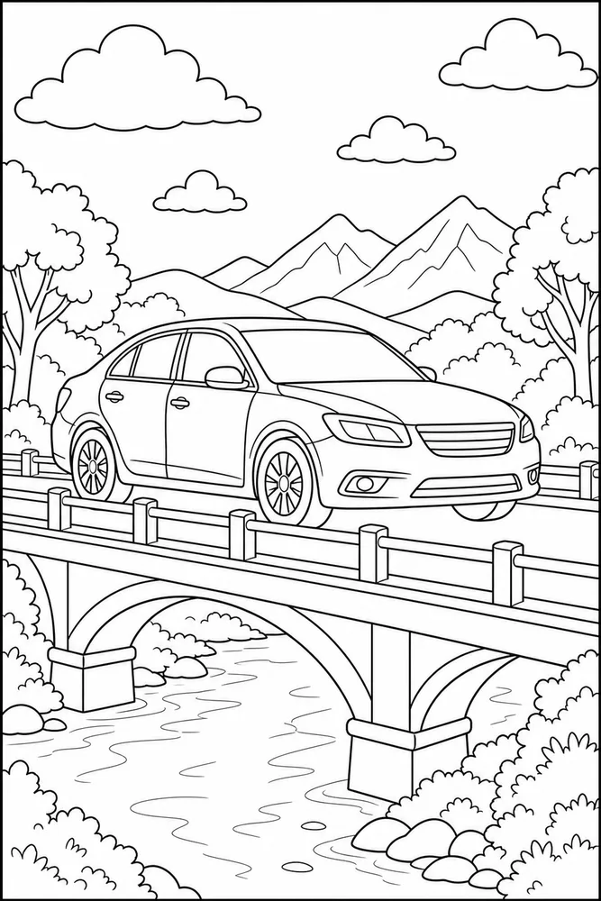 Car Car On Bridge printable coloring page preview with clean line art.