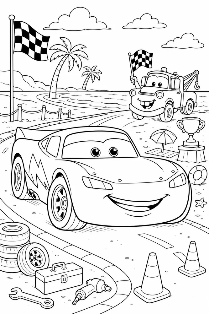 Lightning McQueen Car Beach Road Race Car printable coloring page