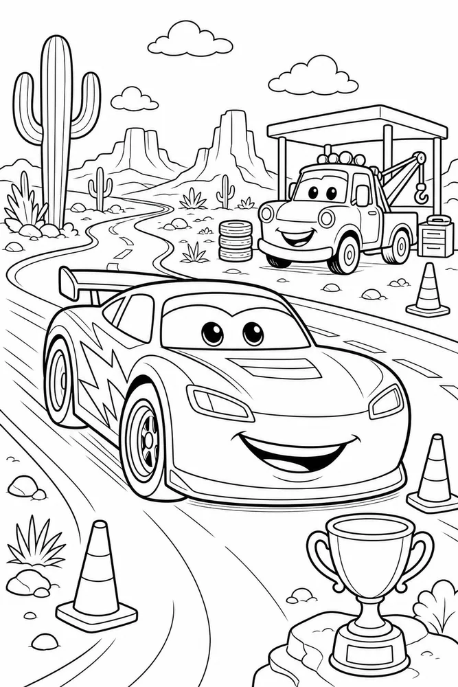 Lightning McQueen Car Desert Highway Speed Scene printable coloring page