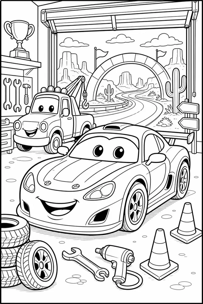 Lightning McQueen Car Friendly Race Car Garage Bay printable coloring page