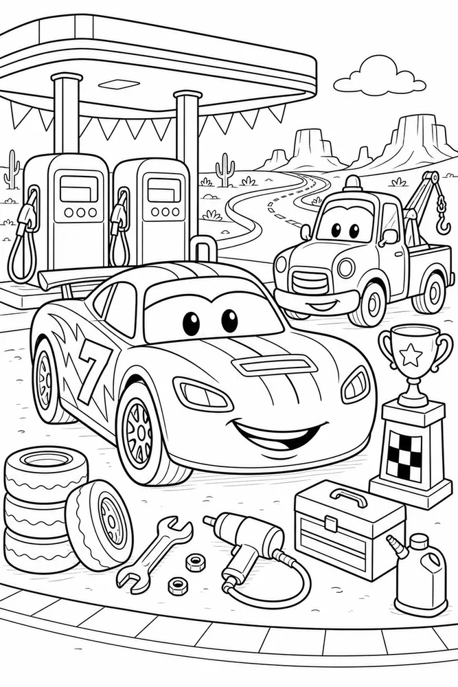 Lightning McQueen Car Gas Station Race Car Stop printable coloring page