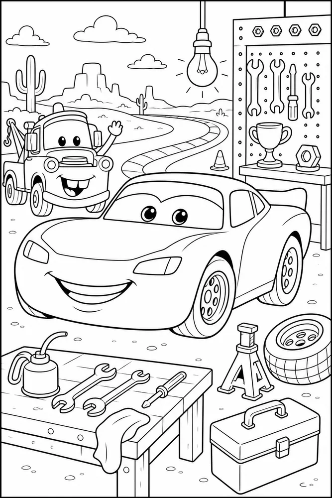 Lightning McQueen Car Mechanic Tool Bench Scene printable coloring page