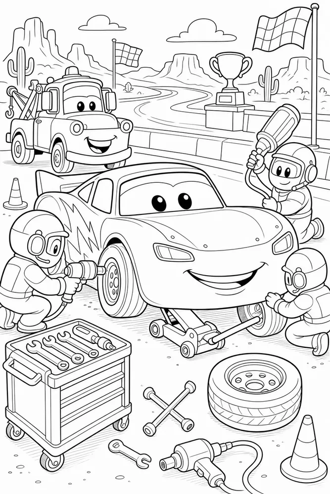 Lightning McQueen Car Pit Stop With Tire Tools printable coloring page