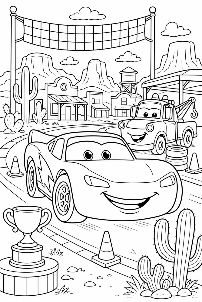 Lightning McQueen Car Race Car In Desert Town printable coloring page