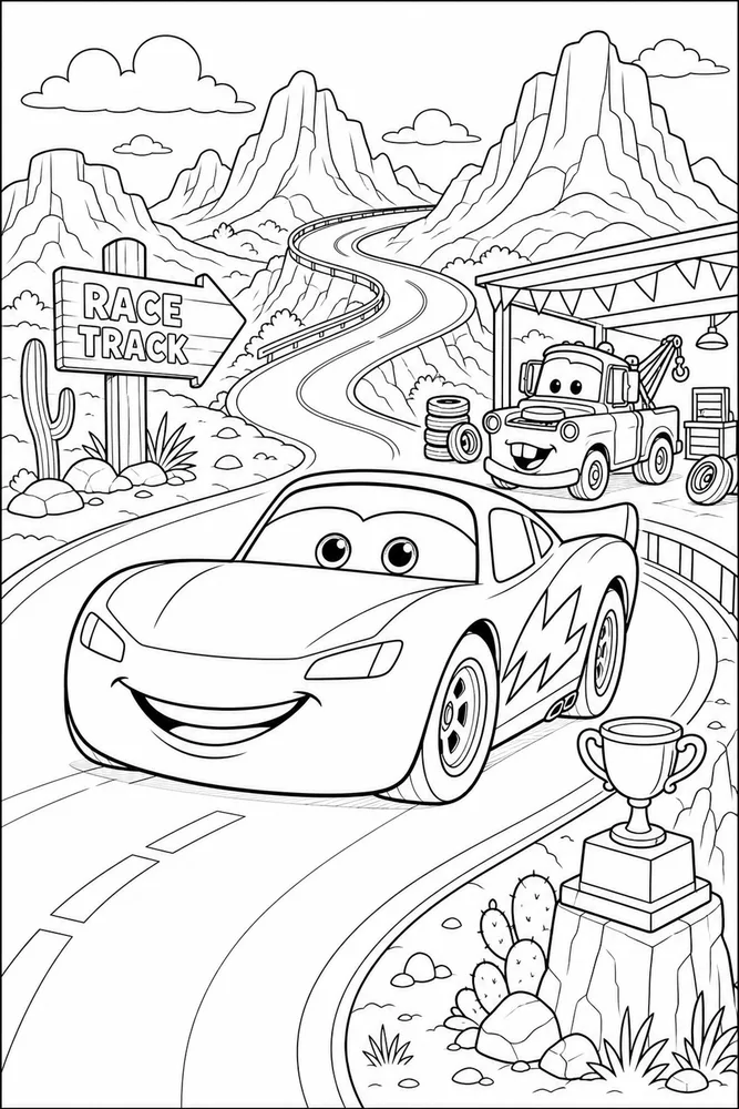 Lightning McQueen Car Race Car On Mountain Road printable coloring page
