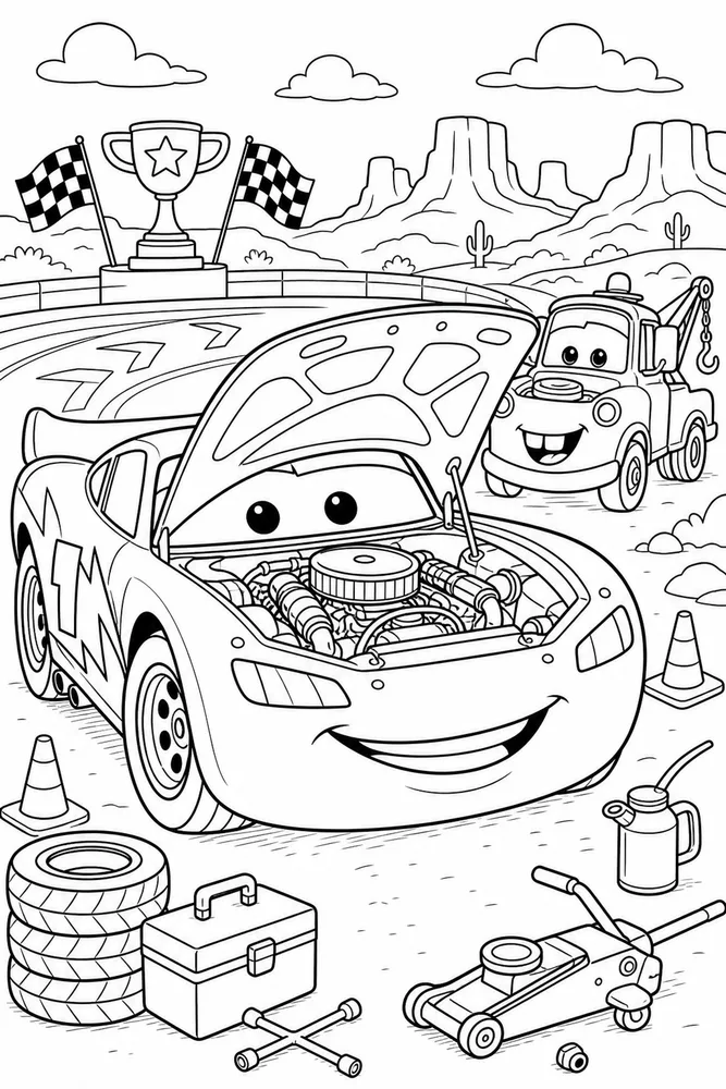 Lightning McQueen Car Race Car With Open Hood printable coloring page