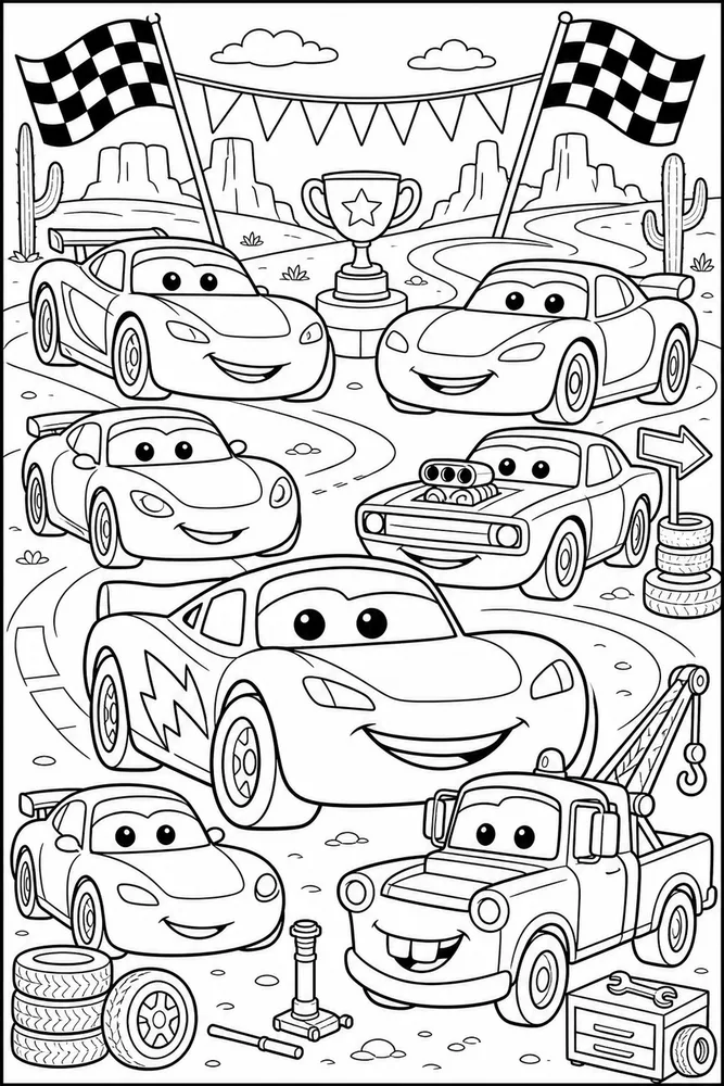 Lightning McQueen Car Team Lineup Of Friendly Cars printable coloring page