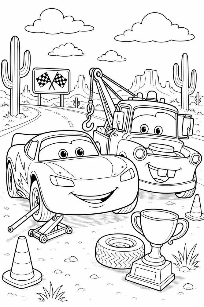 Lightning McQueen Car Tow Truck Friend Roadside Scene printable coloring page