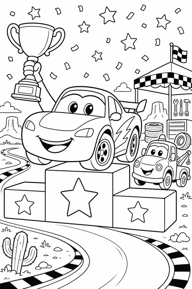 Lightning McQueen Car Trophy Podium Race Car printable coloring page