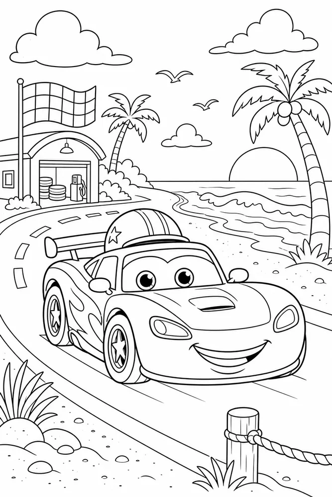 Car Movie Race Car Beach Road printable coloring page
