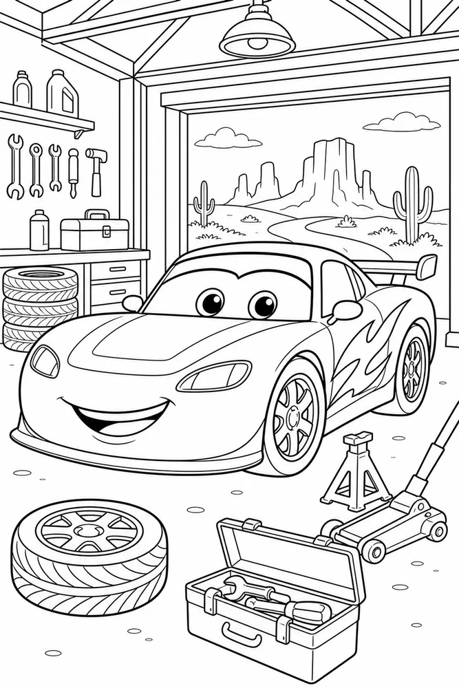 Car Movie Race Car Garage Bay printable coloring page
