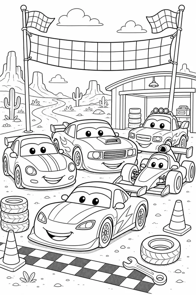 Car Movie Race Car Team Lineup printable coloring page