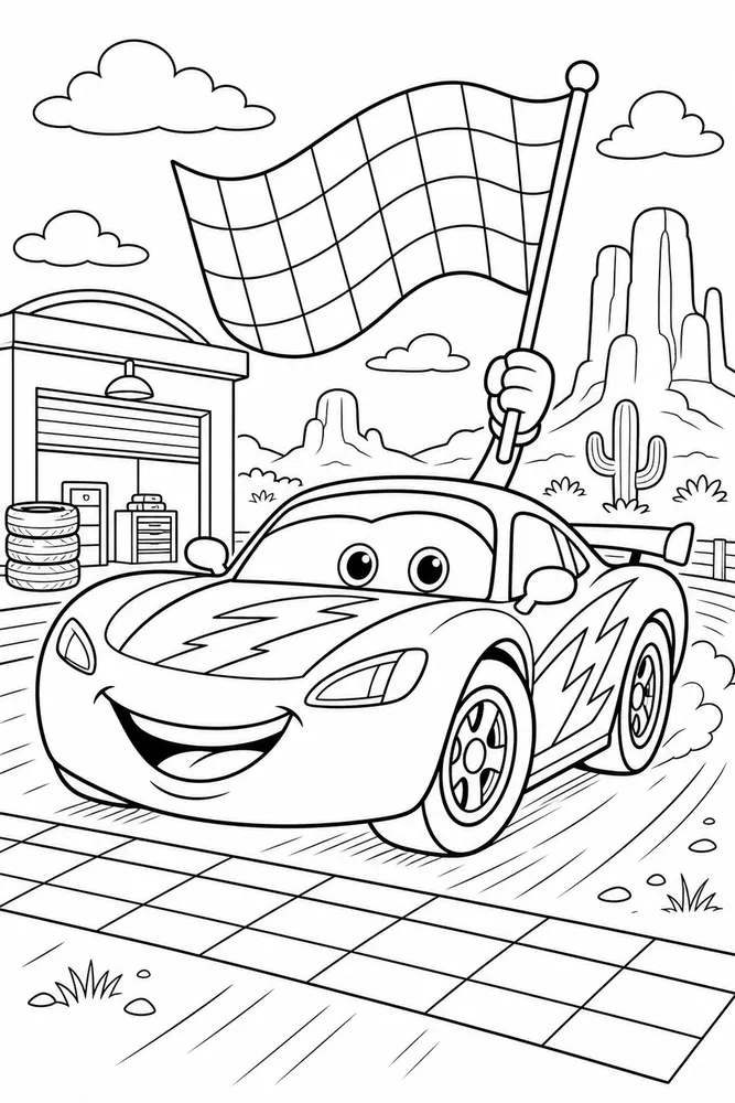 Car Movie Race Car With Checkered Flag printable coloring page