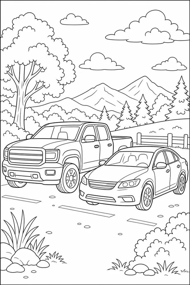 Cars And Trucks Pickup Beside Car coloring page
