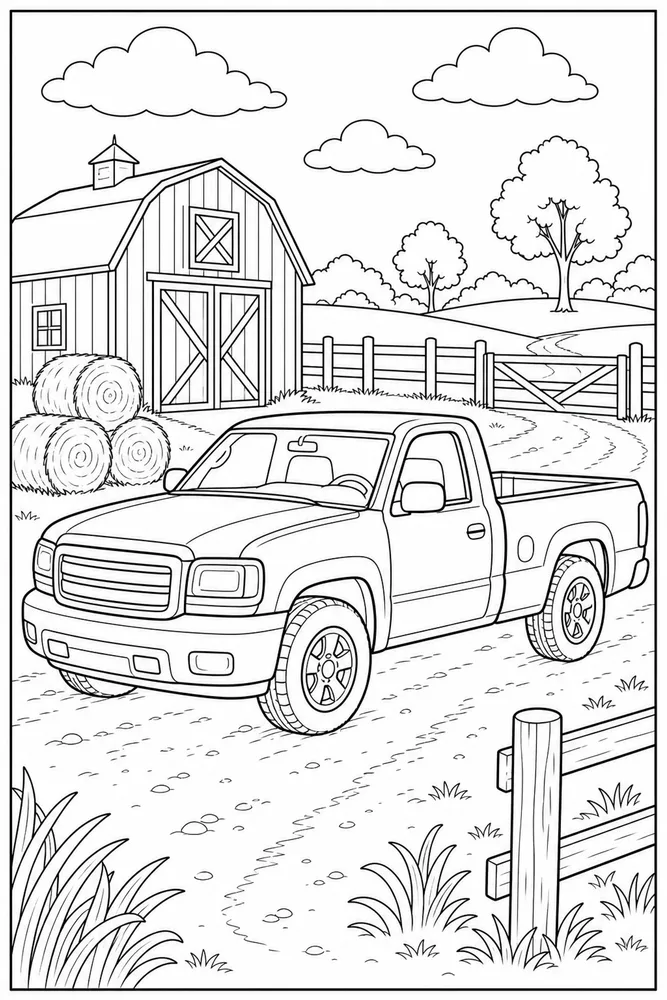 Cars And Trucks Pickup On Farm coloring page