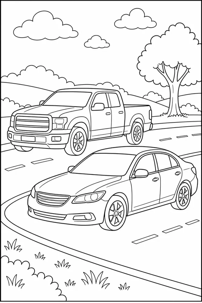 Cars And Trucks Two Vehicle Scene coloring page
