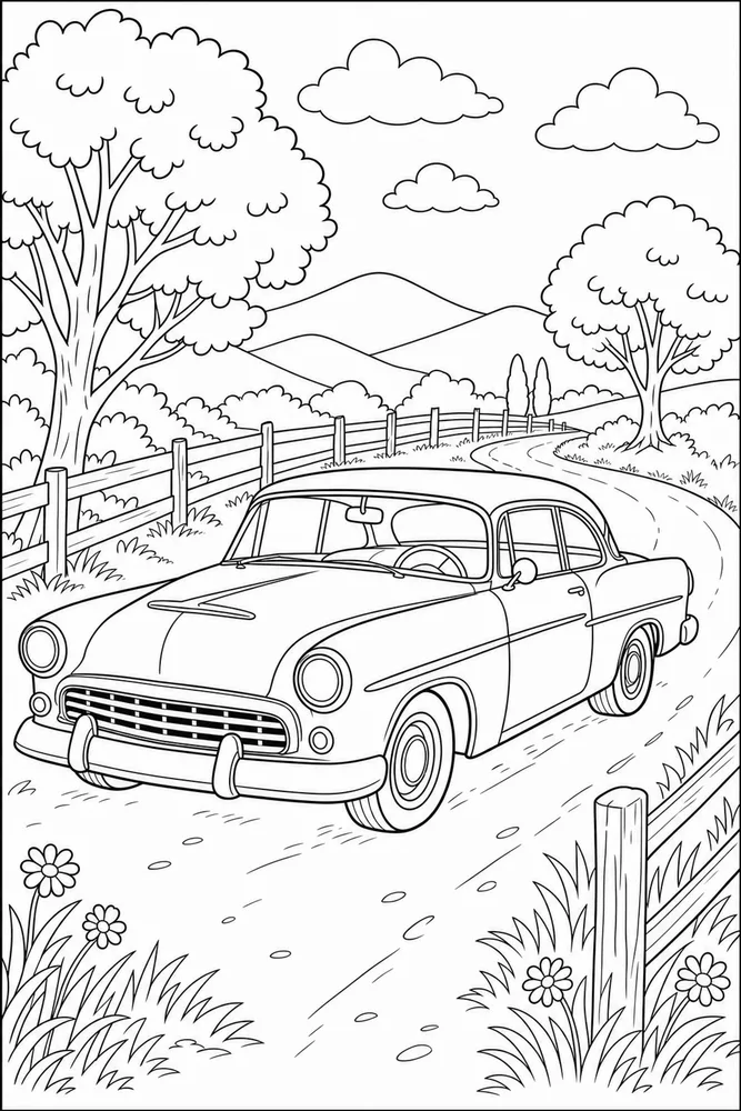 Classic Car Country Lane coloring page