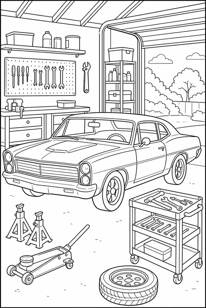 Classic Car Garage Restoration coloring page