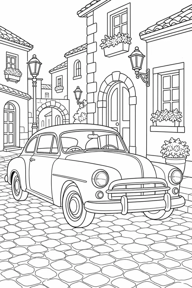 Classic Car Old Town Street coloring page