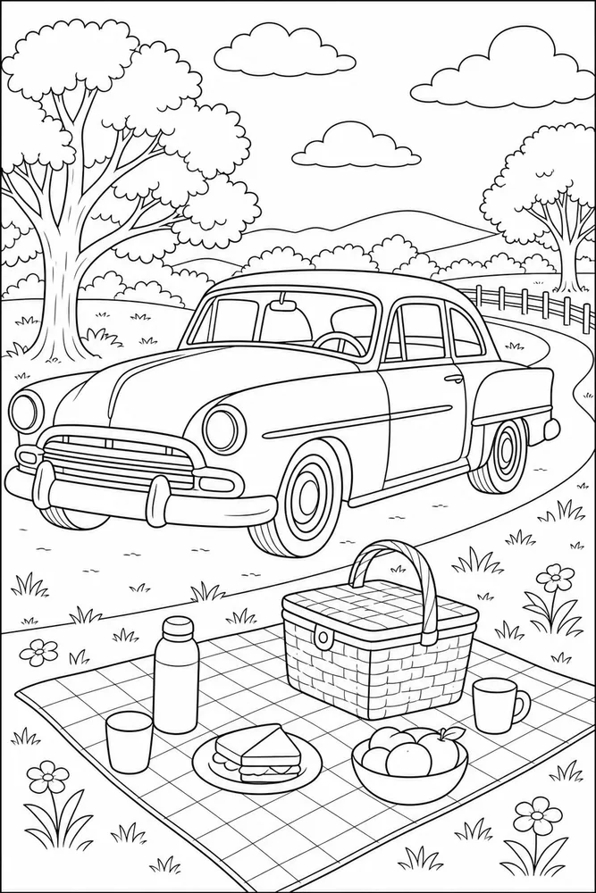Classic Car Picnic Road coloring page