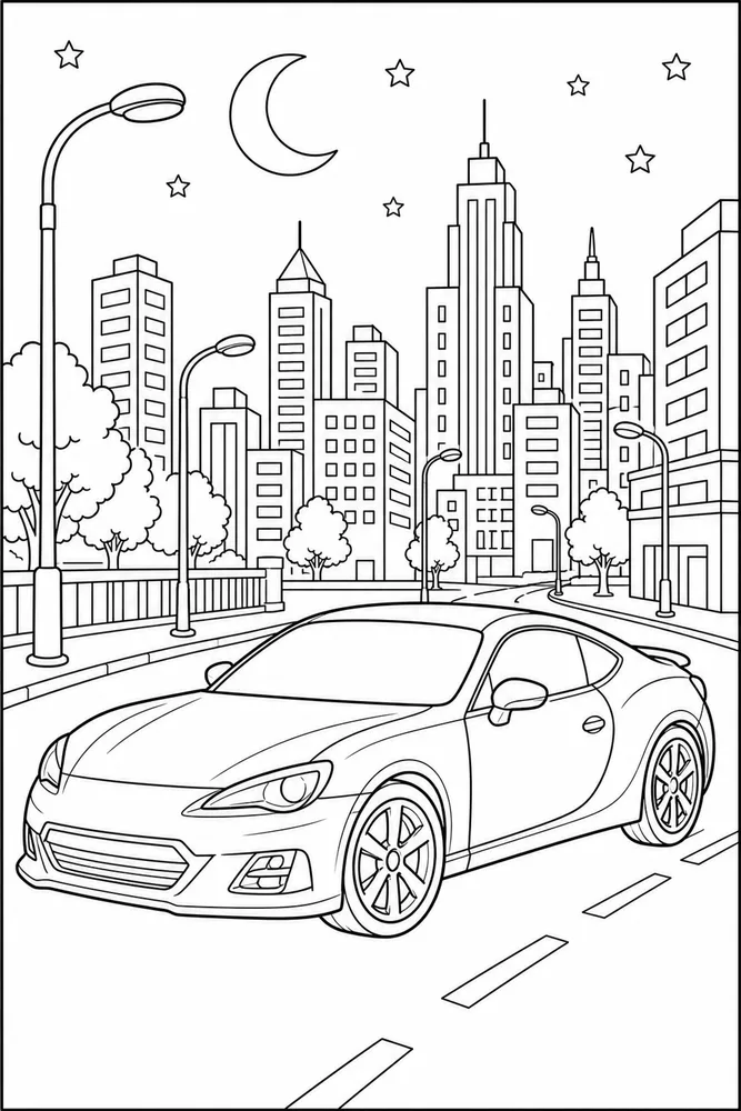 Cool Car City Night Without Shading coloring page