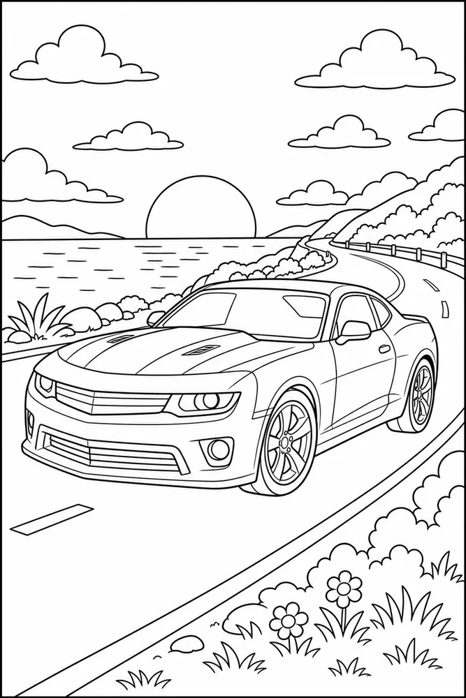 Cool Car Sunset Road printable coloring page preview with clean line art.