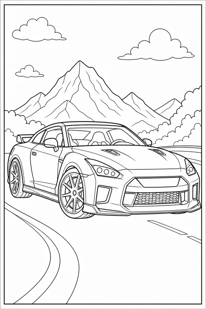 Cool Car Wide Wheels printable coloring page preview with clean line art.