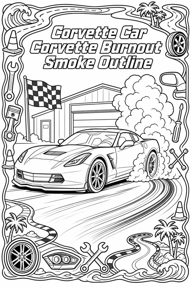 Corvette Car Corvette Burnout Smoke Outline printable coloring page