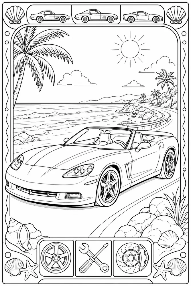 Corvette Car Corvette Convertible Beach Scene printable coloring page