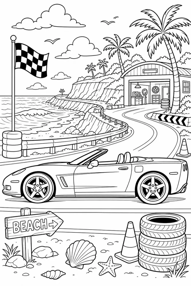 Corvette Car Corvette Convertible Coastal Road printable coloring page
