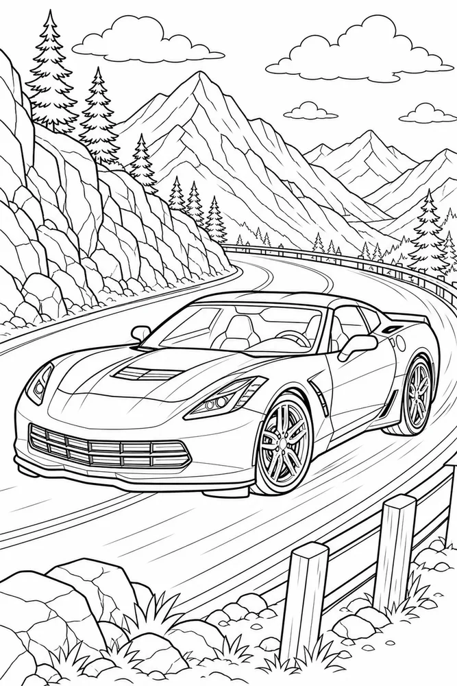 Corvette Car Corvette Coupe Mountain Road printable coloring page
