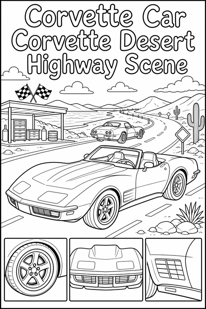 Corvette Car Corvette Desert Highway Scene printable coloring page