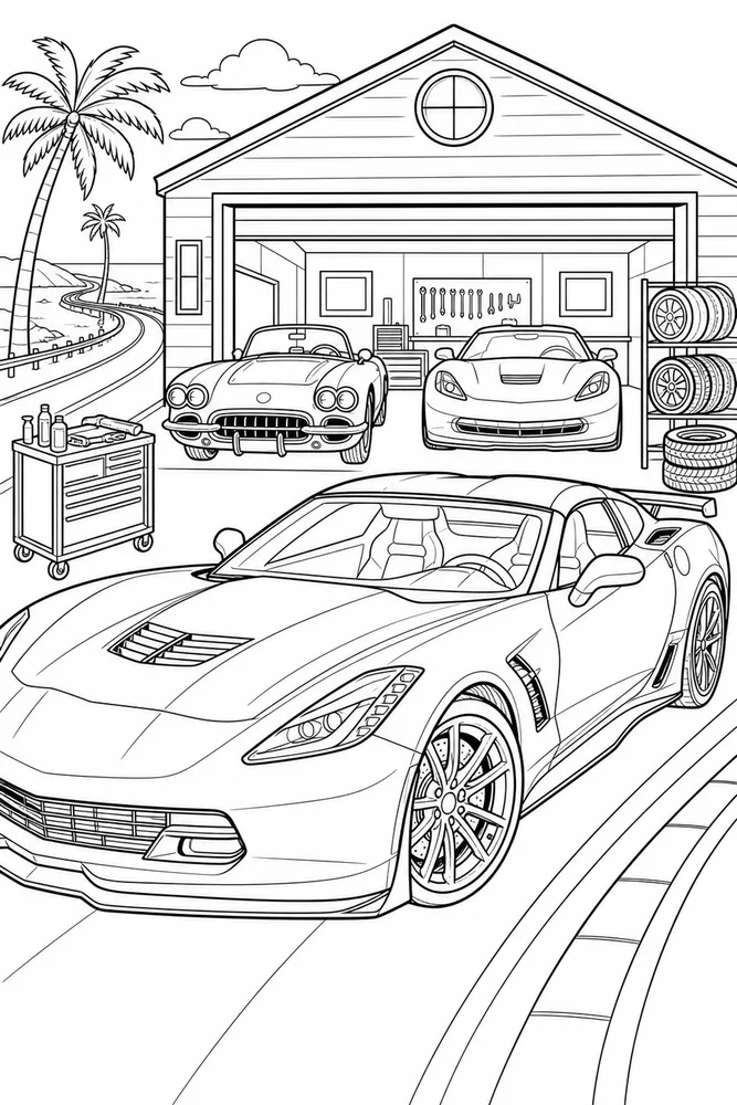 Corvette Car Corvette Garage Front View printable coloring page