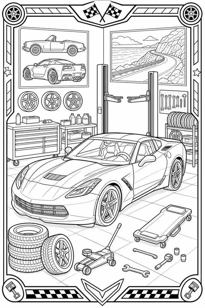 Corvette Car Corvette in Mechanic Workshop printable coloring page