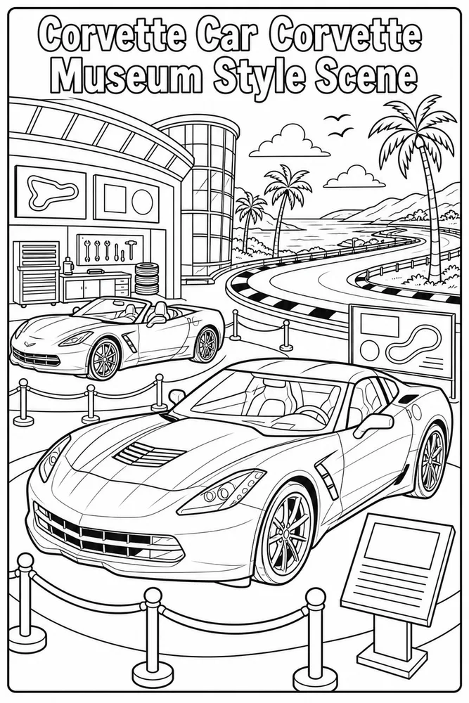 Corvette Car Corvette Museum Style Scene printable coloring page