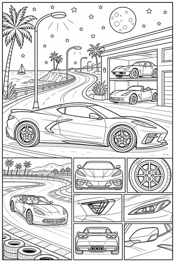 Corvette Car Corvette Night Street Outline printable coloring page