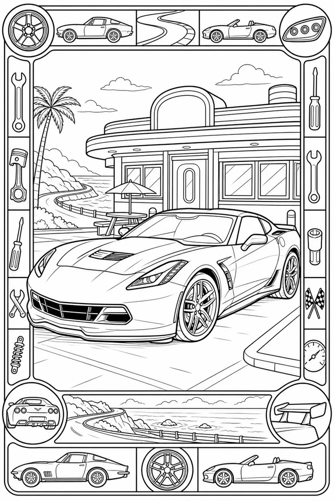Corvette Car Corvette Parked by Diner printable coloring page
