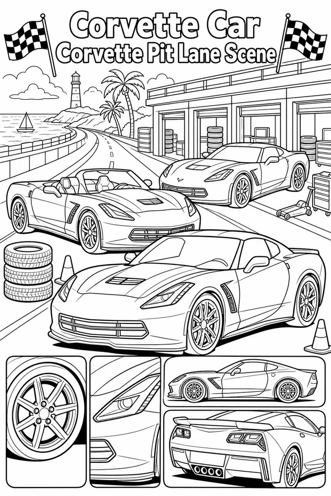 Corvette Car Corvette Pit Lane Scene printable coloring page