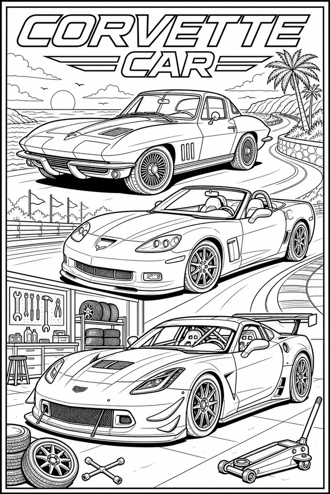 Corvette Car Corvette Poster Style Line Art printable coloring page