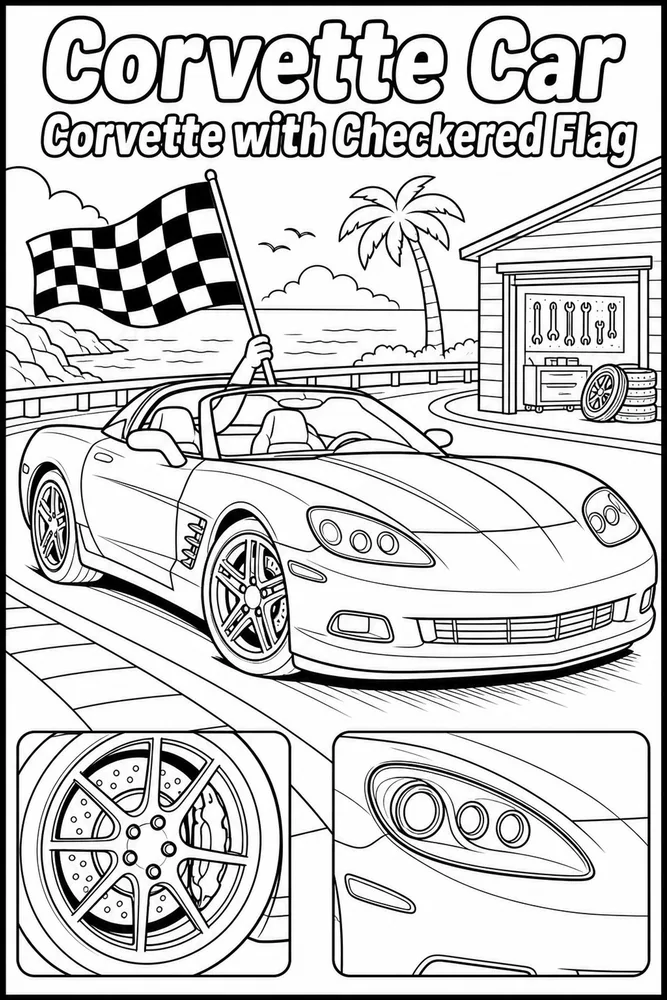 Corvette Car Corvette with Checkered Flag printable coloring page