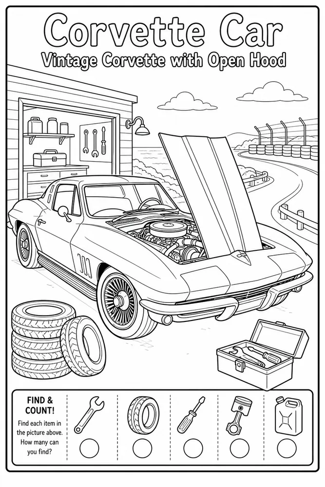 Corvette Car Vintage Corvette with Open Hood printable coloring page