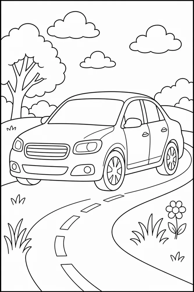 Easy Car Basic Path printable coloring page preview with clean line art.