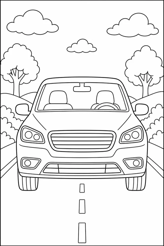Easy Car Front View printable coloring page preview with clean line art.