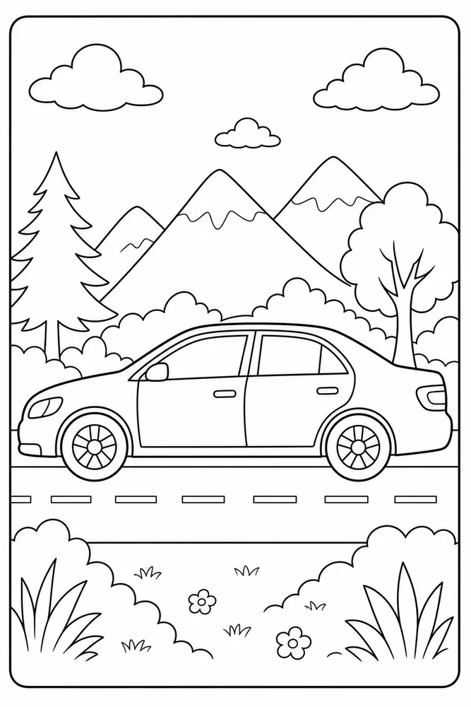 Easy Car Side View printable coloring page preview with clean line art.