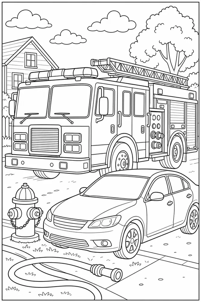Emergency Car Fire Truck Beside Car coloring page