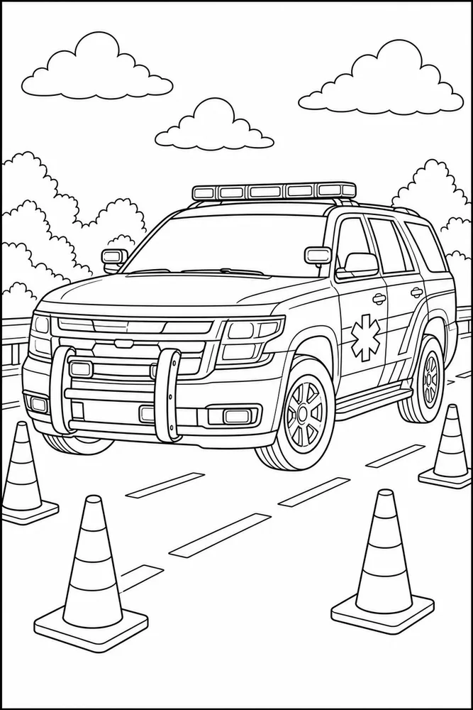 Emergency Car Traffic Cones coloring page